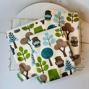WEGREECO Set of 3 Green Blue and Brown Owl Print Reusable Zip Top Utility Bags